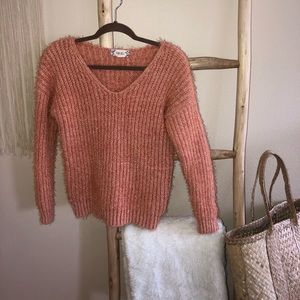 Womans Soft and fuzzy pink v-neck boutique sweater